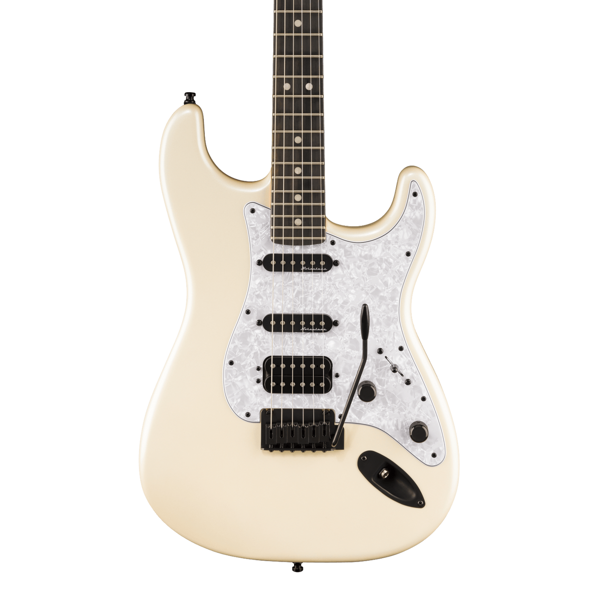 Front of Fender Limited Edition Player Fusion Stratocaster HSS Ebony Olympic Pearl.