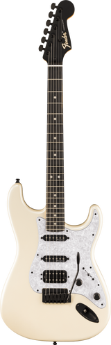 Full frontal of Fender Limited Edition Player Fusion Stratocaster HSS Ebony Olympic Pearl.
