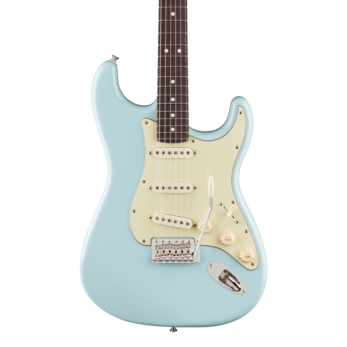 Front of Fender Limited Edition Pro Classic Silent Stratocaster Rosewood Daphne Blue.