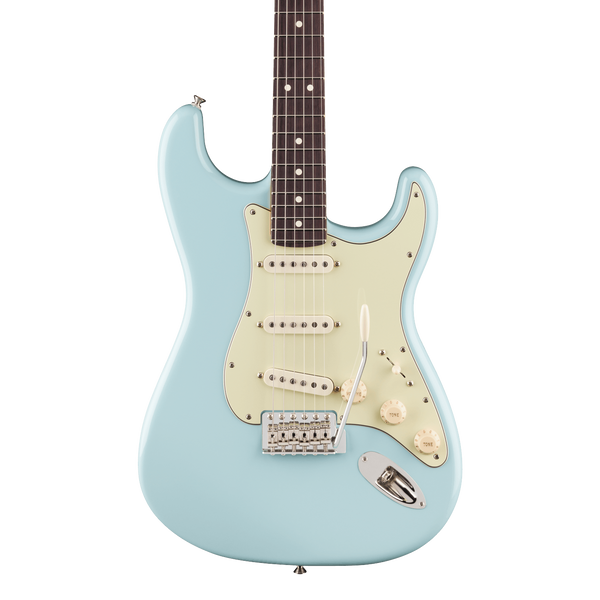 Front of Fender Limited Edition Pro Classic Silent Stratocaster Rosewood Daphne Blue.