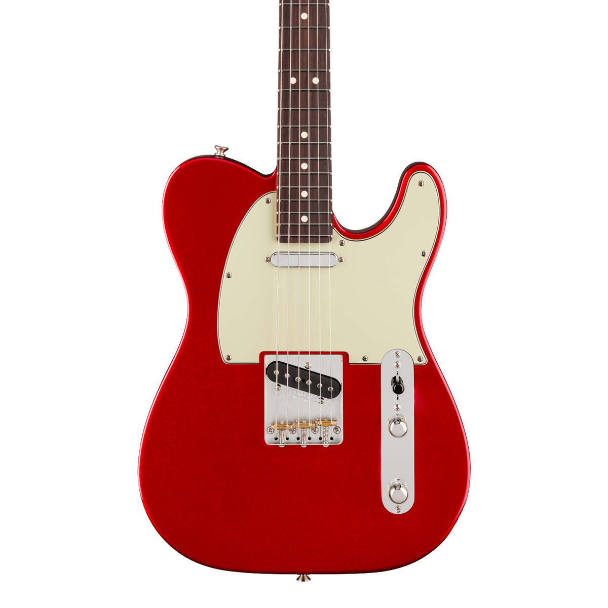 Front of Fender Limited Edition Pro Classic Silent Telecaster Rosewood Candy Apple Red.