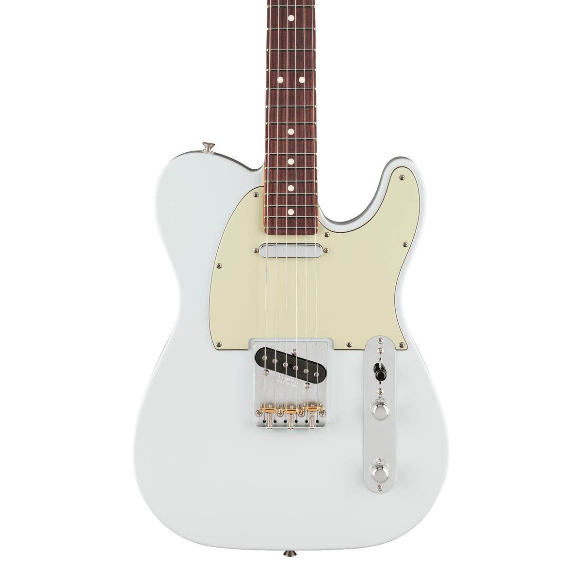 Front of Fender Limited Edition Pro Classic Silent Telecaster Rosewood Sonic Blue.