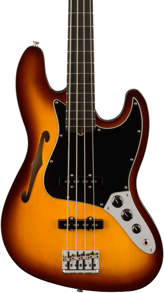 Front of Fender Limited Edition Suona Jazz Bass Thinline Ebony Fingerboard Violin Burst.