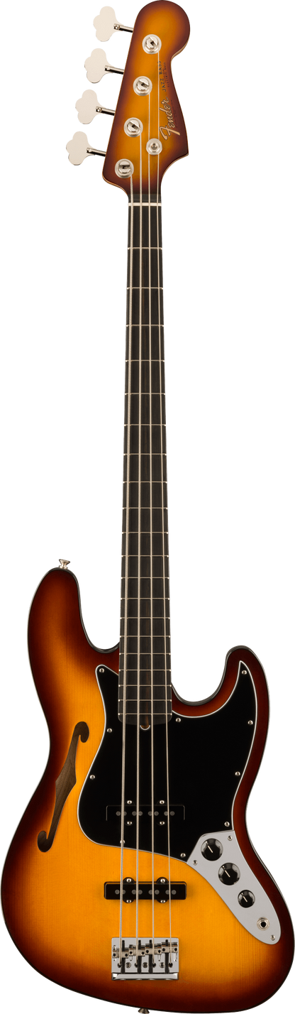 Full frontal of Fender Limited Edition Suona Jazz Bass Thinline Ebony Fingerboard Violin Burst.