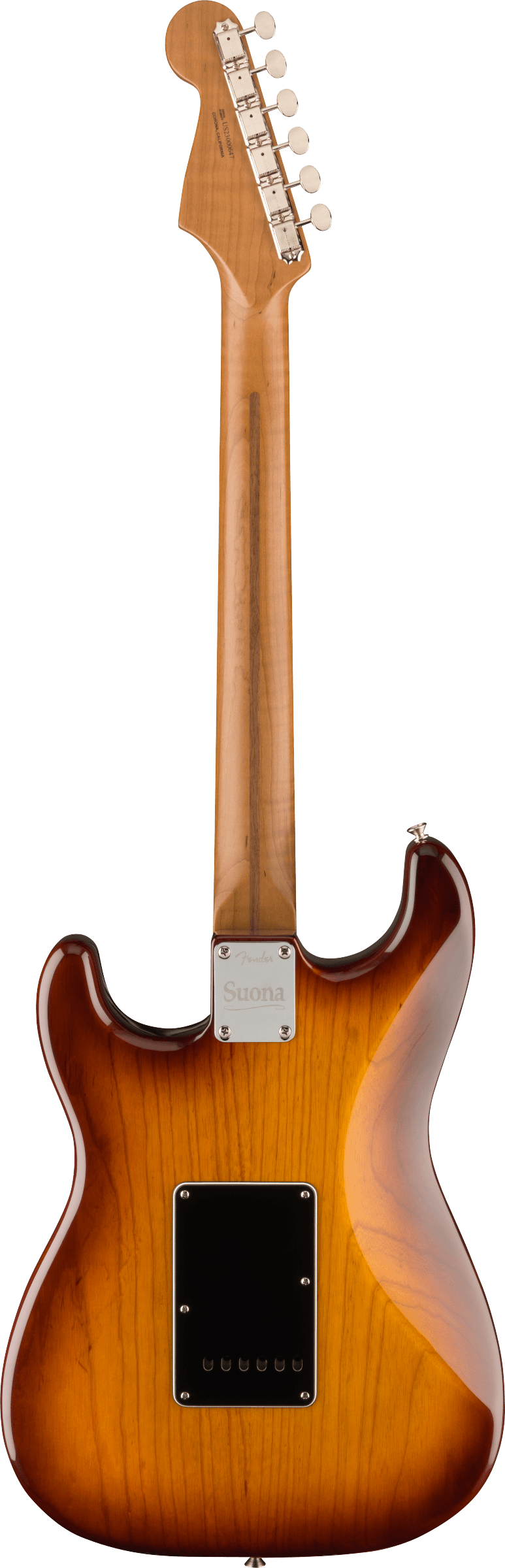 Back of Fender Limited Edition Suona Stratocaster Thinline Ebony Fingerboard Violin Burst.