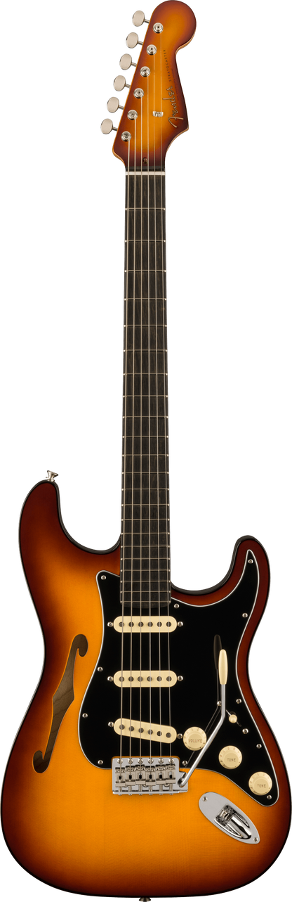 Full frontal of Fender Limited Edition Suona Stratocaster Thinline Ebony Fingerboard Violin Burst.