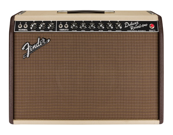 Front of Fender Limited Edition '65 Deluxe Reverb Two-Tone Vanilla/Cocoa G12-65.