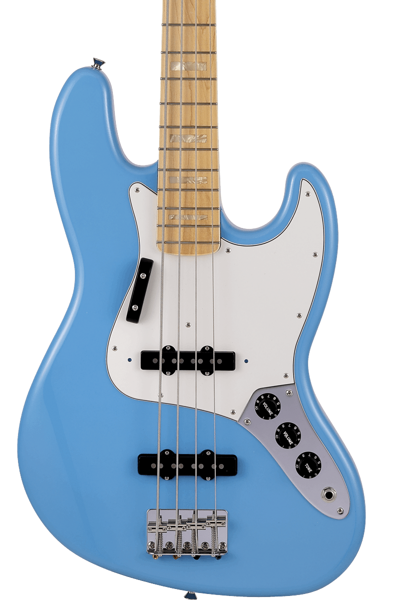 Front of Fender Made in Japan Limited International Color Jazz Bass MP Maui Blue.