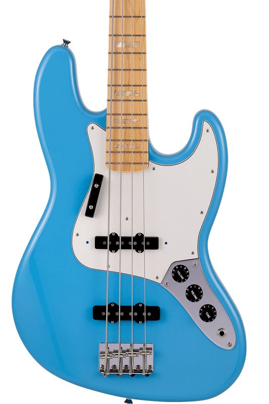 Front of Fender Made in Japan Limited International Color Jazz Bass MP Maui Blue.