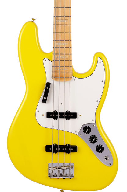 Front of Fender Made in Japan Limited International Color Jazz Bass MP Monaco Yellow.