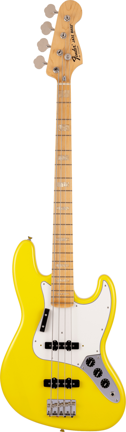 Full frontal of Fender Made in Japan Limited International Color Jazz Bass MP Monaco Yellow.