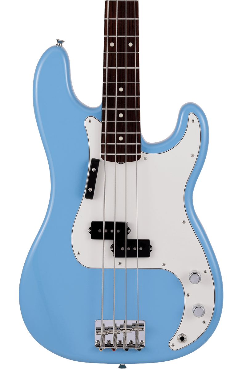 Front of Fender Made in Japan Limited International Color Precision Bass RW Maui Blue.