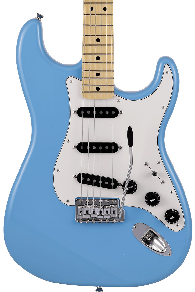 Front of Fender Made in Japan Limited International Color Stratocaster MP Maui Blue.