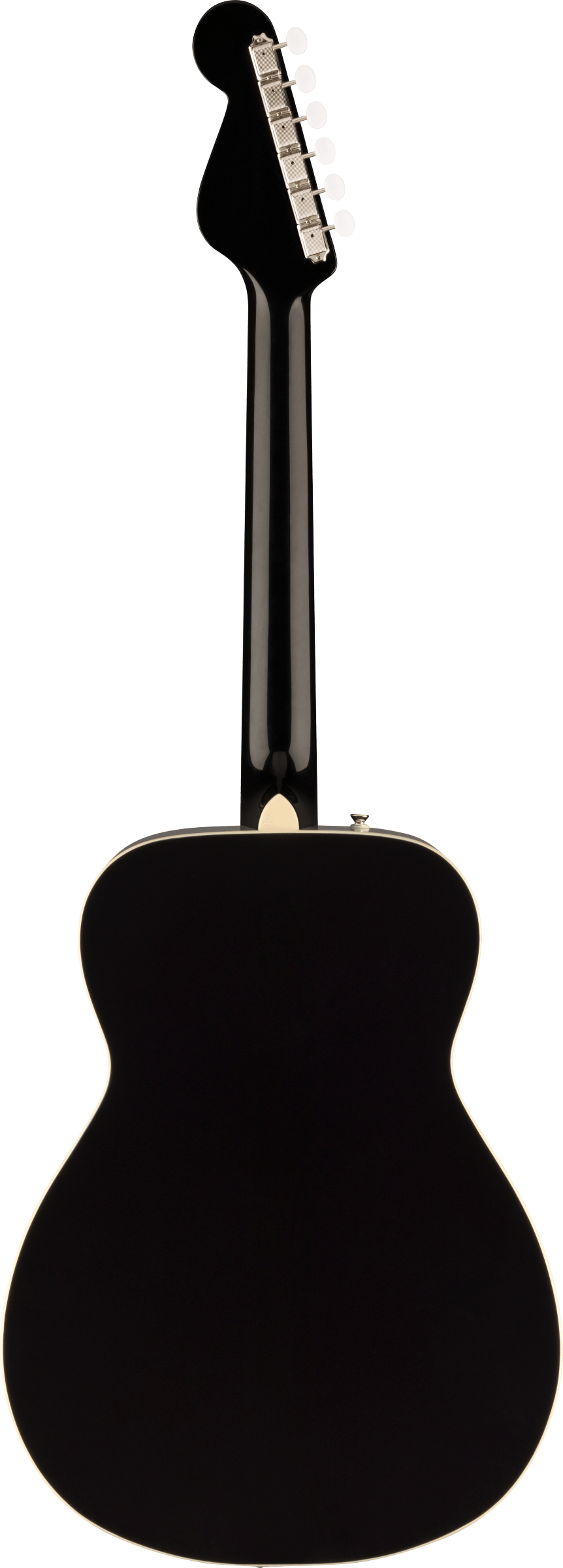 Back of Fender Malibu Vintage Ovangkol Fingerboard Gold Pickguard Black.