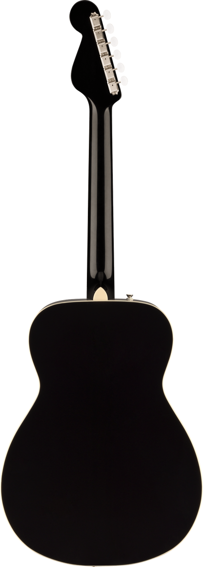 Back of Fender Malibu Vintage Ovangkol Fingerboard Gold Pickguard Black.