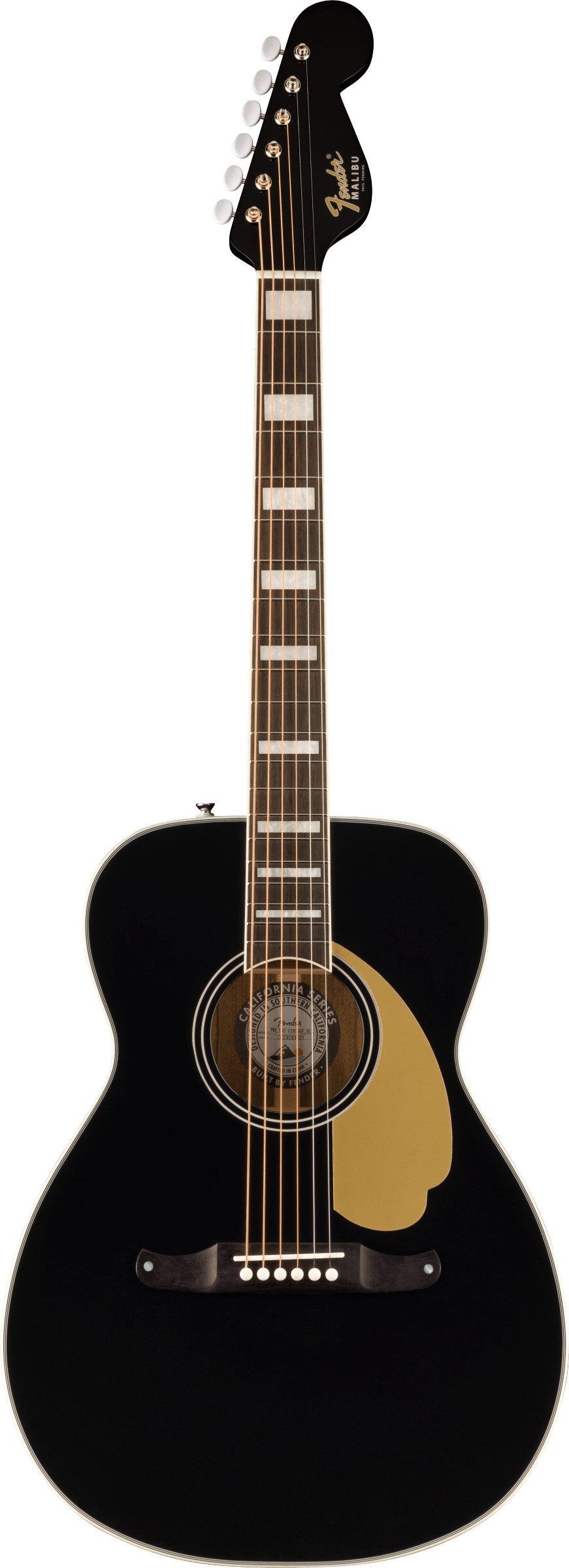 Full frontal of Fender Malibu Vintage Ovangkol Fingerboard Gold Pickguard Black.