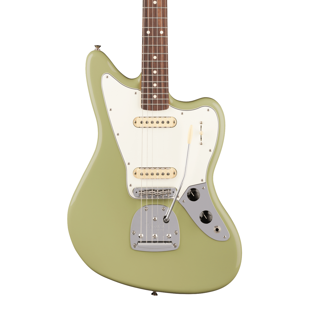 Front of Fender Player II Jaguar Rosewood Birch Green.
