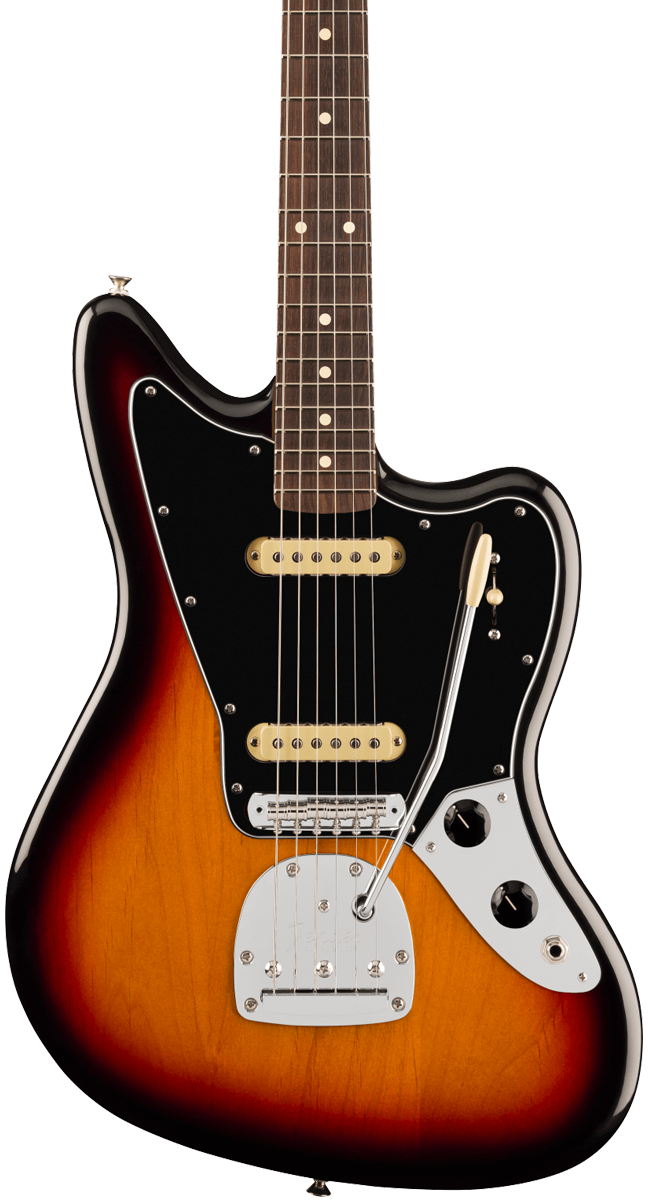 Front of Fender Player II Jaguar Rosewood Fingerboard 3 Color Sunburst.