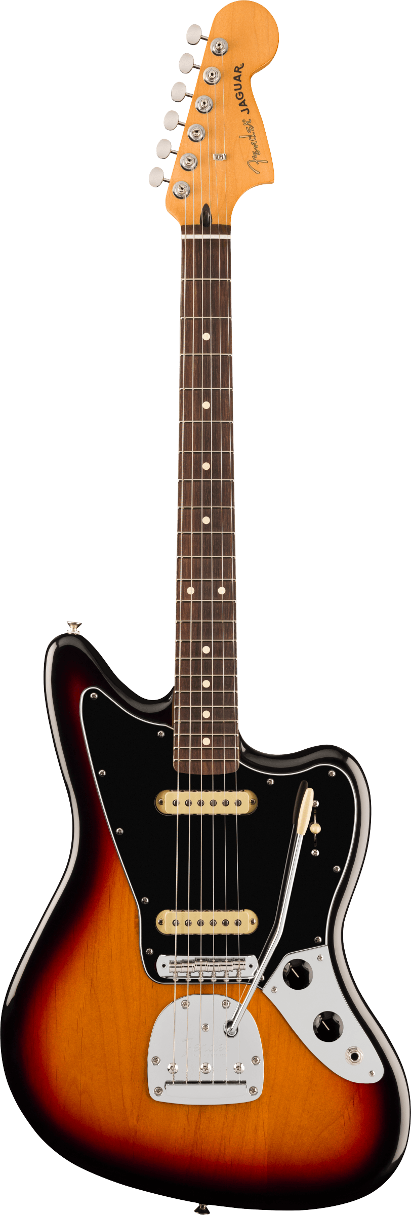 Full frontal of Fender Player II Jaguar Rosewood Fingerboard 3 Color Sunburst.