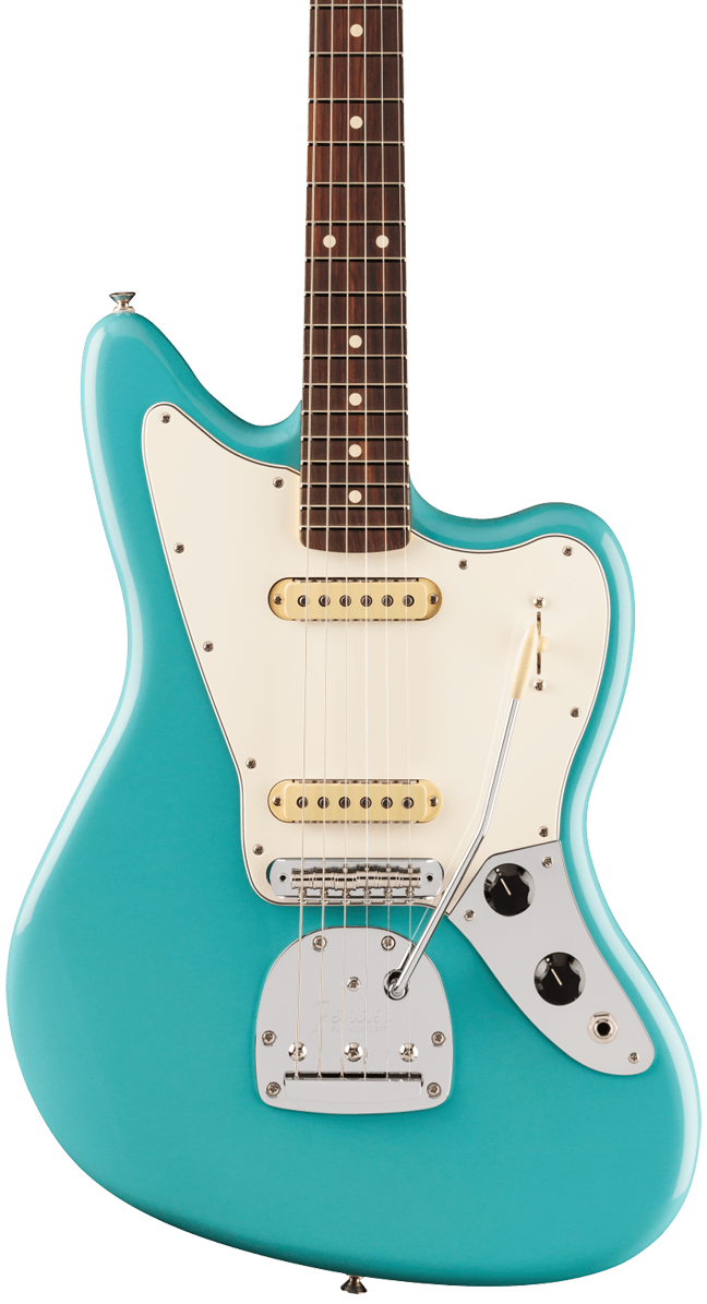 Front of Fender Player II Jaguar Rosewood Fingerboard Aquatone Blue.