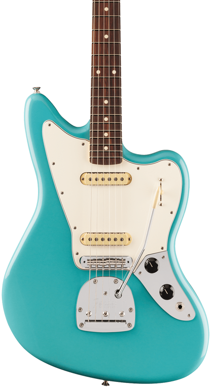 Front of Fender Player II Jaguar Rosewood Fingerboard Aquatone Blue.