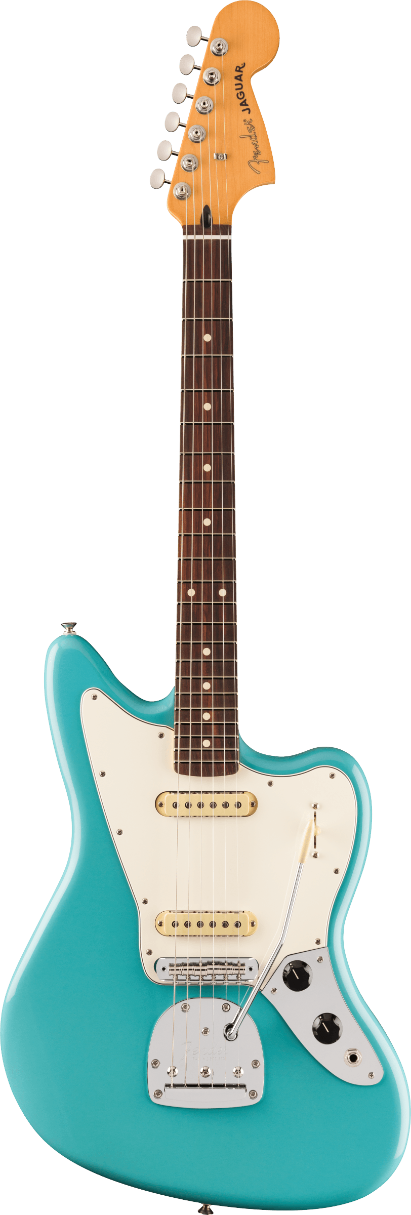 Full frontal of Fender Player II Jaguar Rosewood Fingerboard Aquatone Blue.