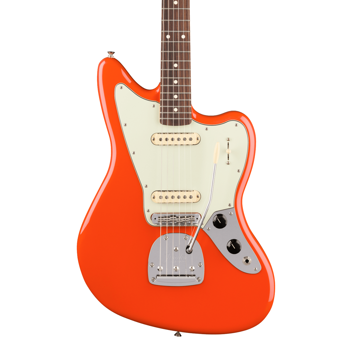 Front of Fender Player II Jaguar Rosewood Rallye Orange.