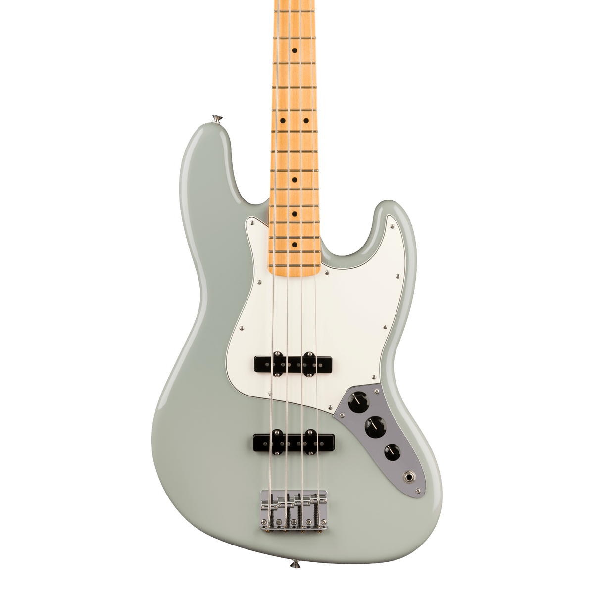 Front of Fender Player II Jazz Bass Maple Cactus Gray.