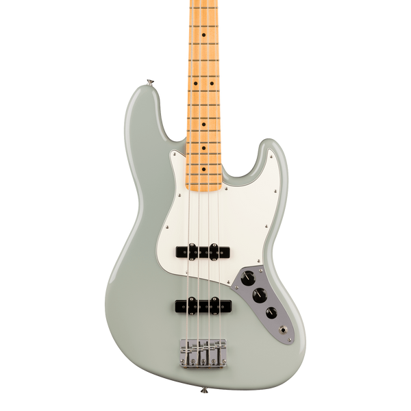 Front of Fender Player II Jazz Bass Maple Cactus Gray.