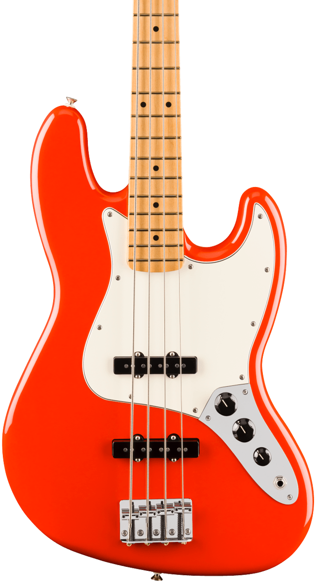 Front of Fender Player II Jazz Bass Maple Fingerboard Coral Red.