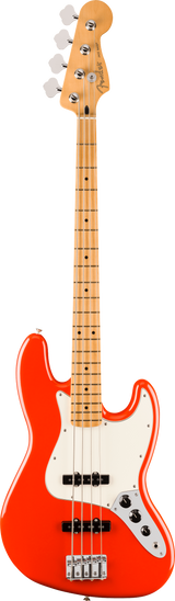 Full frontal of Fender Player II Jazz Bass Maple Fingerboard Coral Red.
