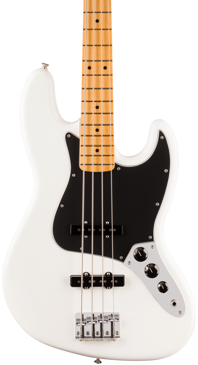 Front of Fender Player II Jazz Bass Maple Fingerboard Polar White.