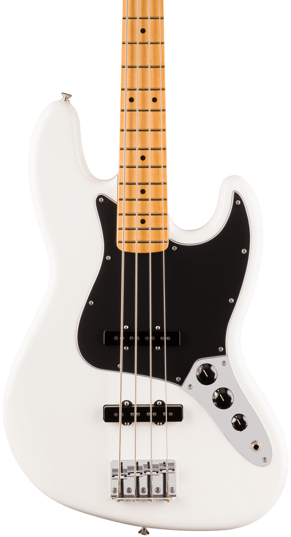 Front of Fender Player II Jazz Bass Maple Fingerboard Polar White.