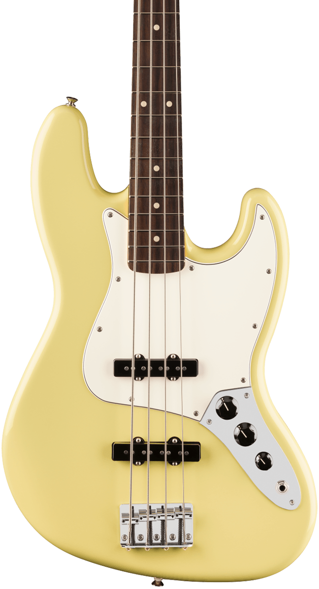 Front of Fender Player II Jazz Bass Rosewood Fingerboard Hialeah Yellow.