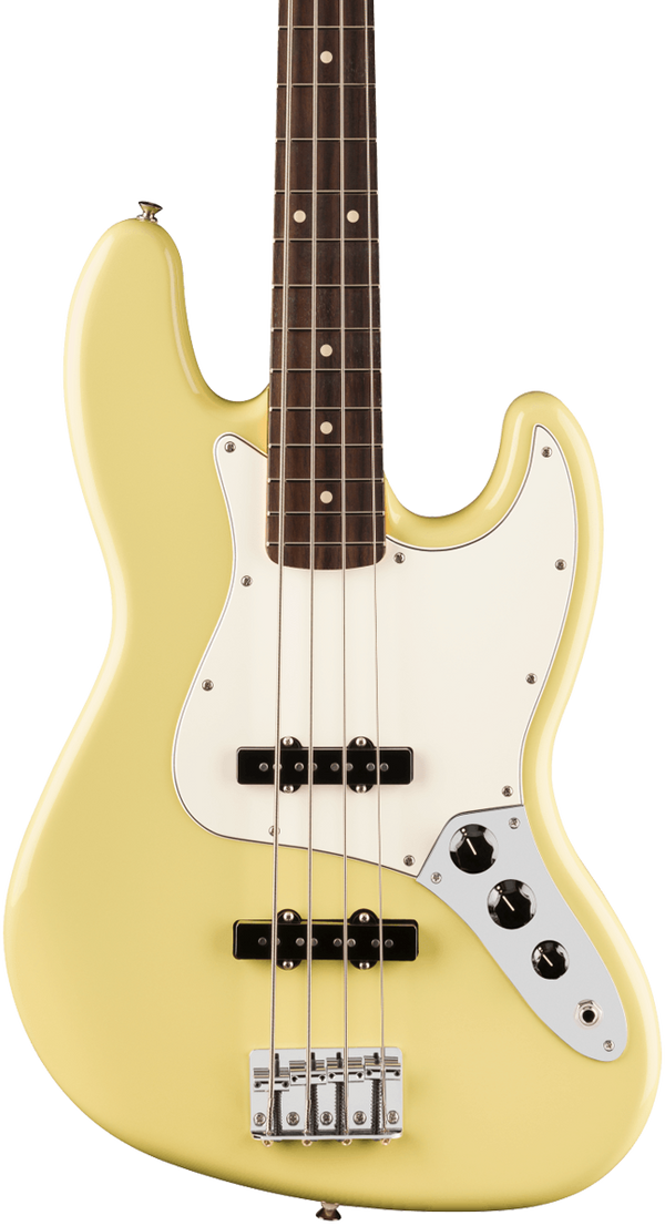 Front of Fender Player II Jazz Bass Rosewood Fingerboard Hialeah Yellow.