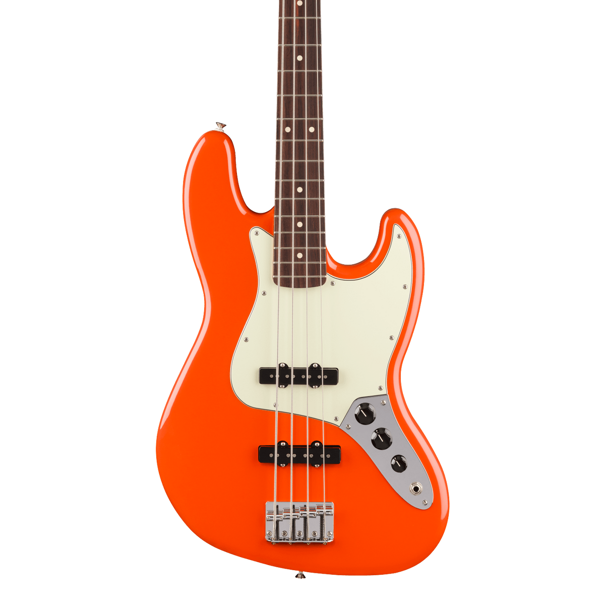 Front of Fender Player II Jazz Bass Rosewood Rallye Orange.