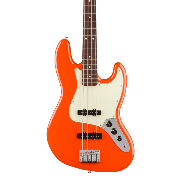Front of Fender Player II Jazz Bass Rosewood Rallye Orange.