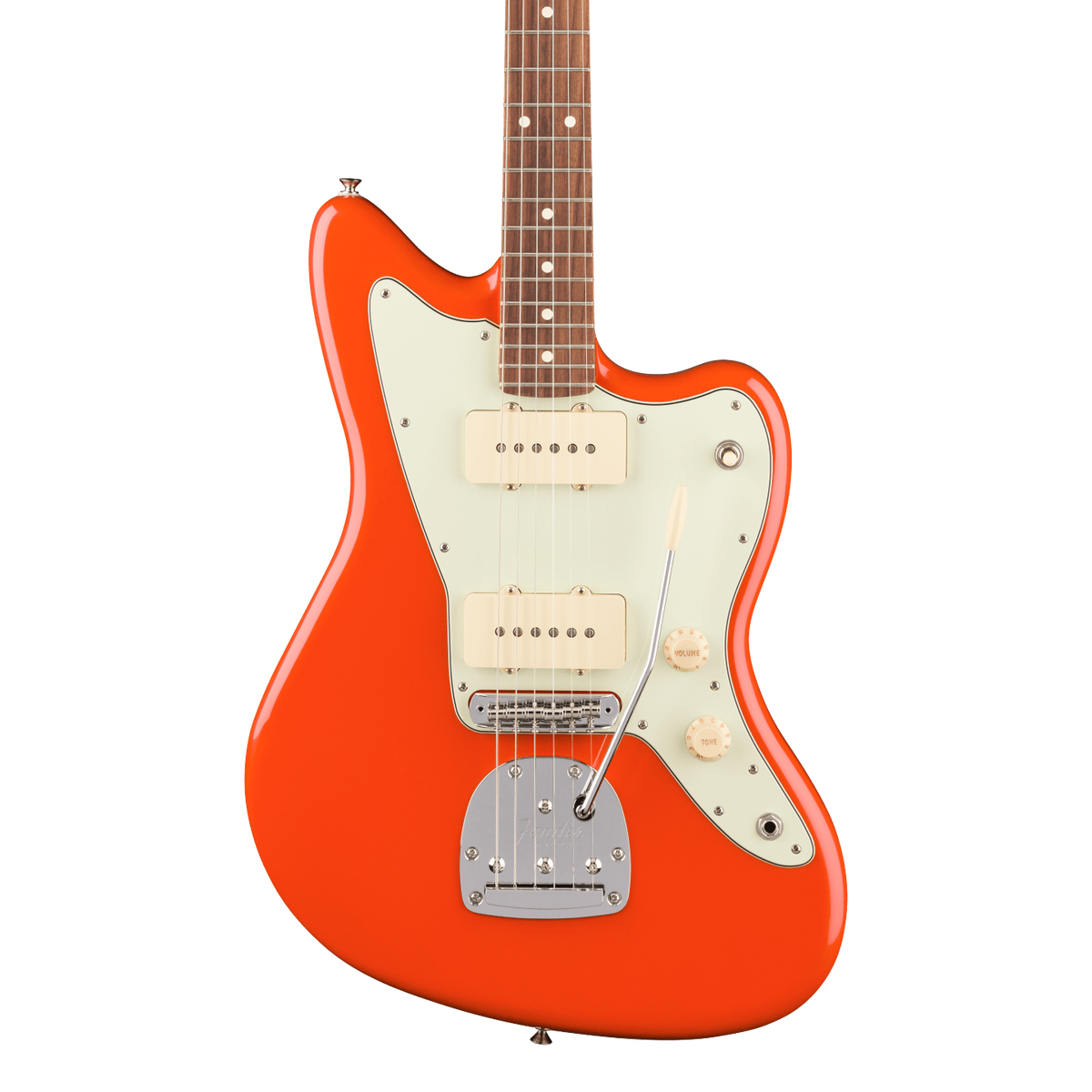 Front of Fender Player II Jazzmaster Rosewood Rallye Orange.