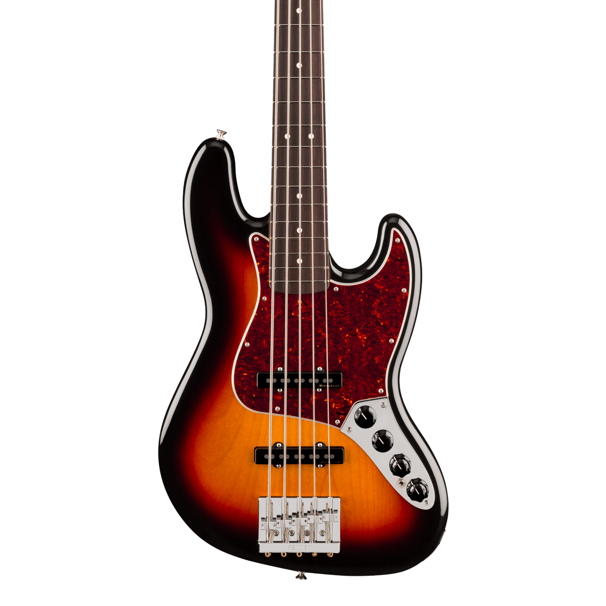 Front of Fender Player II Modified Active Jazz Bass V RW 3 Tone Sunburst.