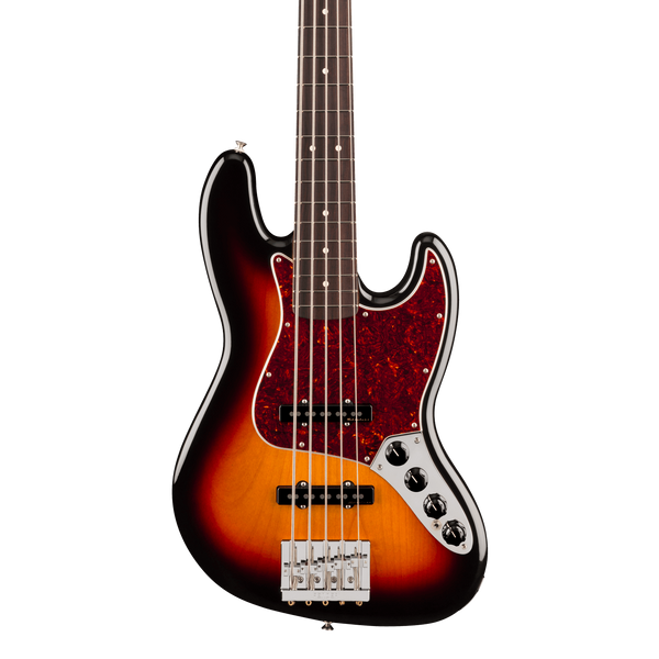 Front of Fender Player II Modified Active Jazz Bass V RW 3 Tone Sunburst.