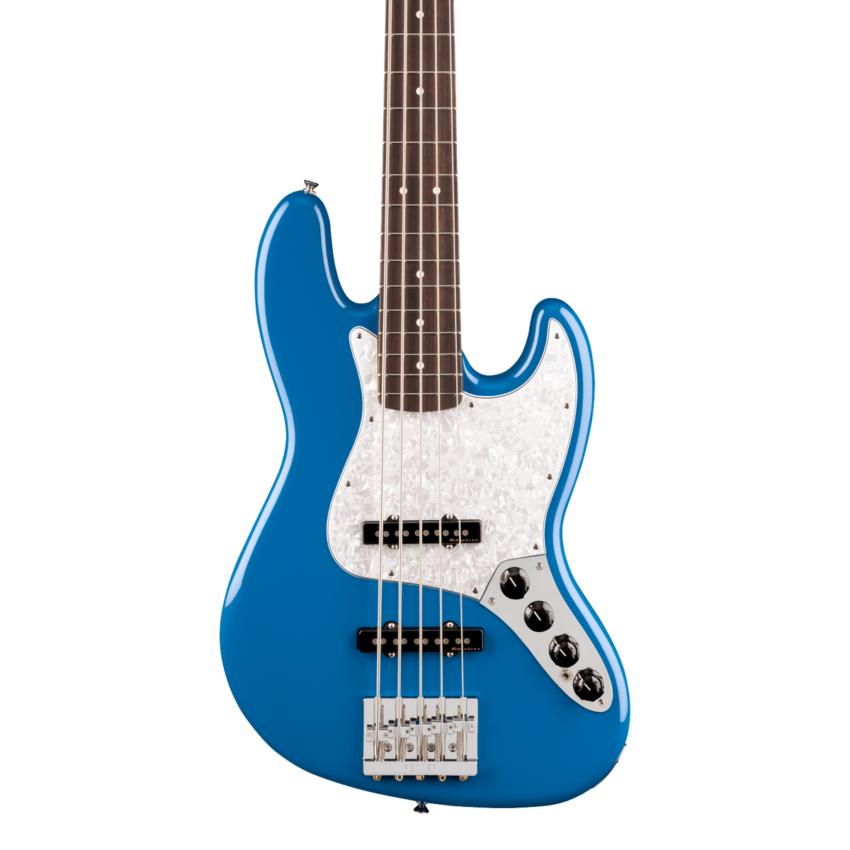 Front of Fender Player II Modified Active Jazz Bass V RW Electric Blue.