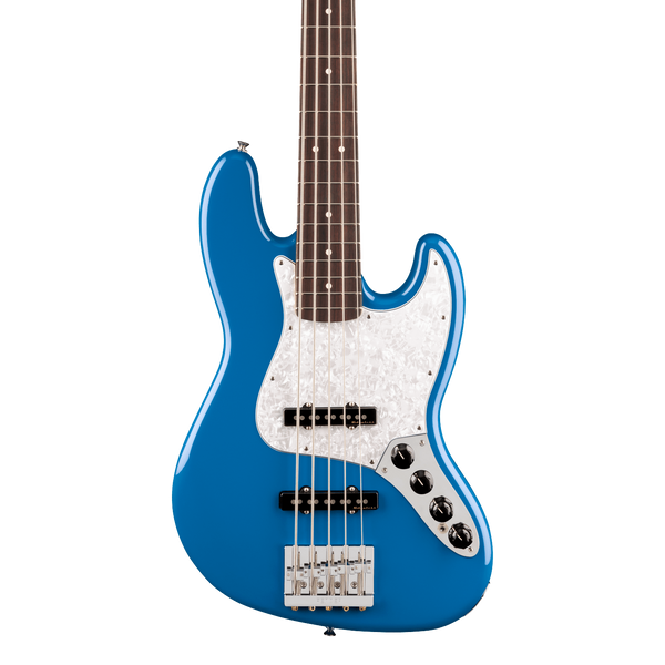 Front of Fender Player II Modified Active Jazz Bass V RW Electric Blue.