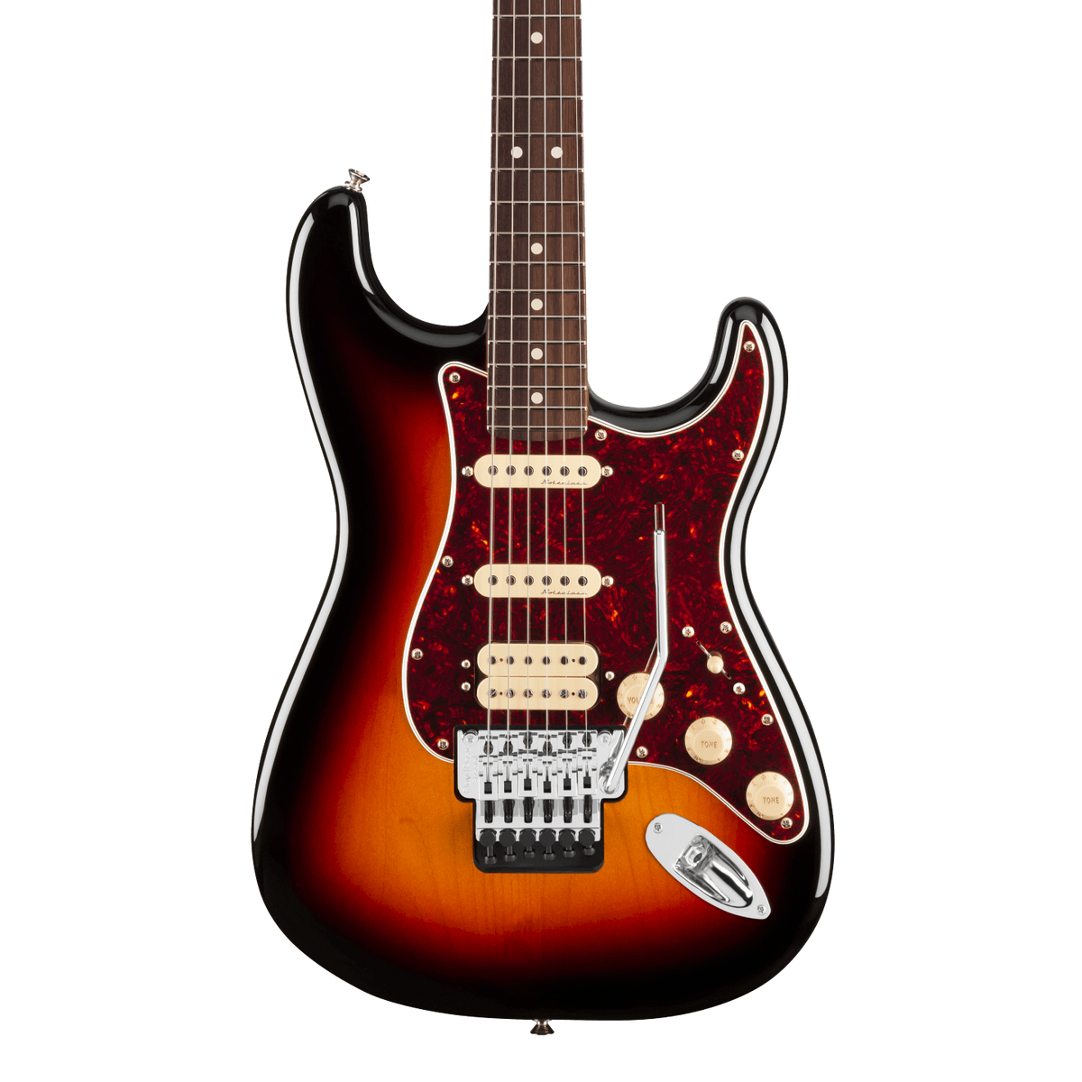Front of Fender Player II Modified Stratocaster HSS Floyd Rose RW 3 Tone Sunburst.