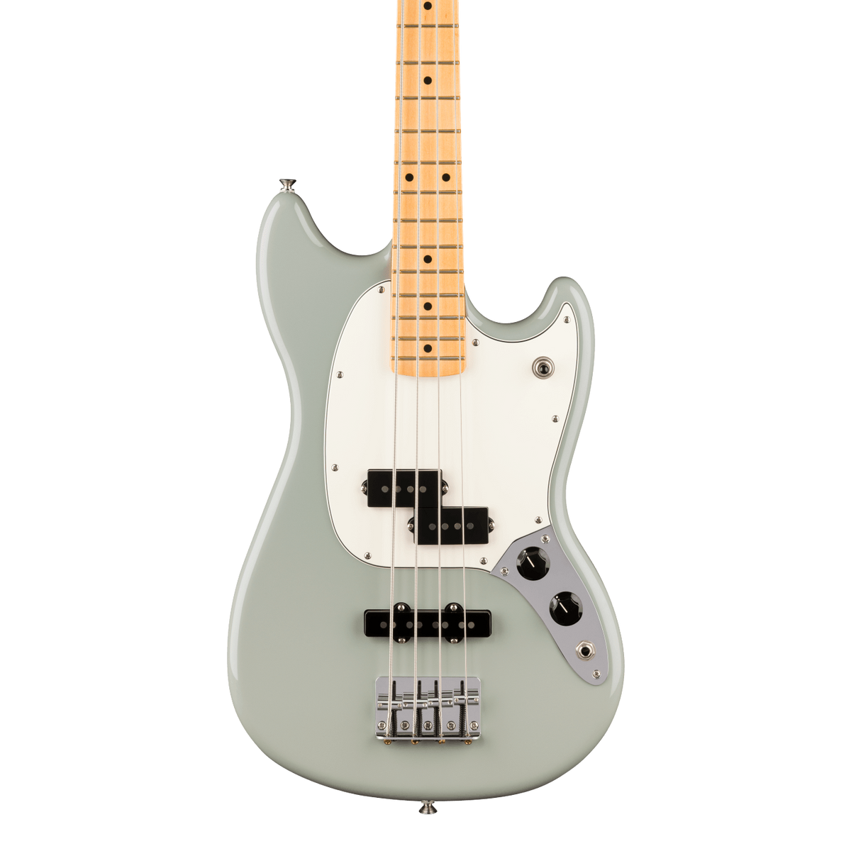 Front of Fender Player II Mustang Bass PJ Maple Cactus Gray.