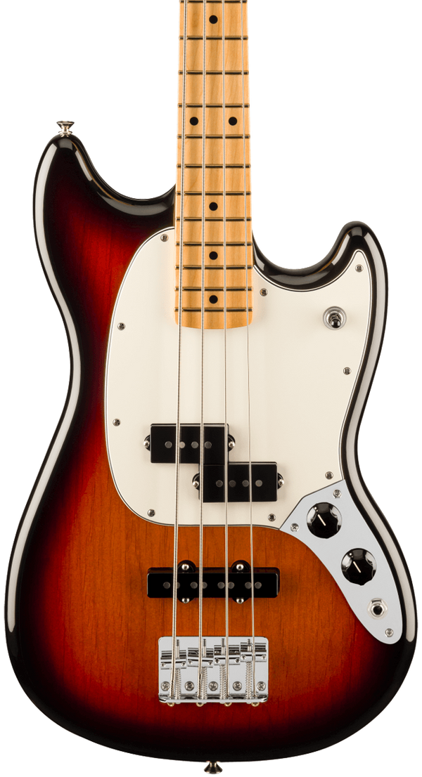 Front of Fender Player II Mustang Bass PJ Maple Fingerboard 3-Color Sunburst.