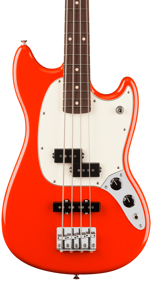 Front of Fender Player II Mustang Bass PJ Rosewood Fingerboard Coral Red.