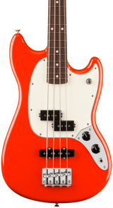Front of Fender Player II Mustang Bass PJ Rosewood Fingerboard Coral Red.