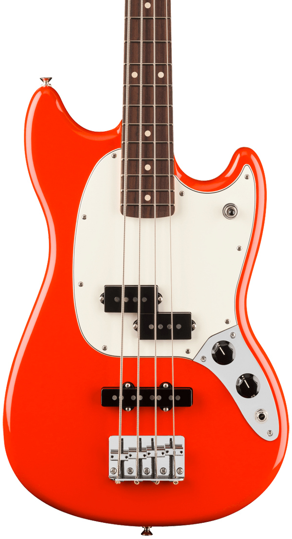Front of Fender Player II Mustang Bass PJ Rosewood Fingerboard Coral Red.