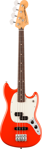 Full frontal of Fender Player II Mustang Bass PJ Rosewood Fingerboard Coral Red.