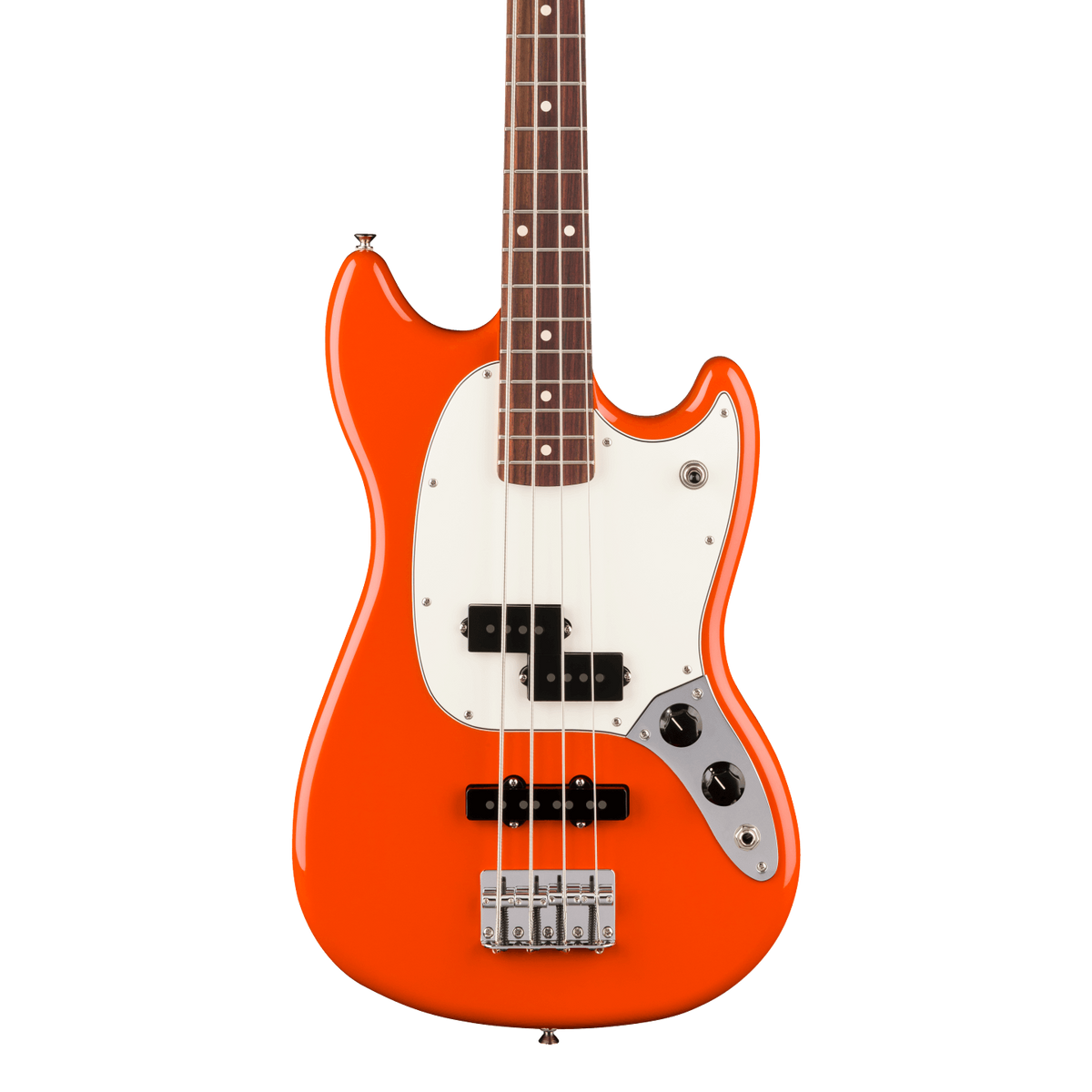 Front of Fender Player II Mustang Bass PJ Rosewood Rallye Orange.